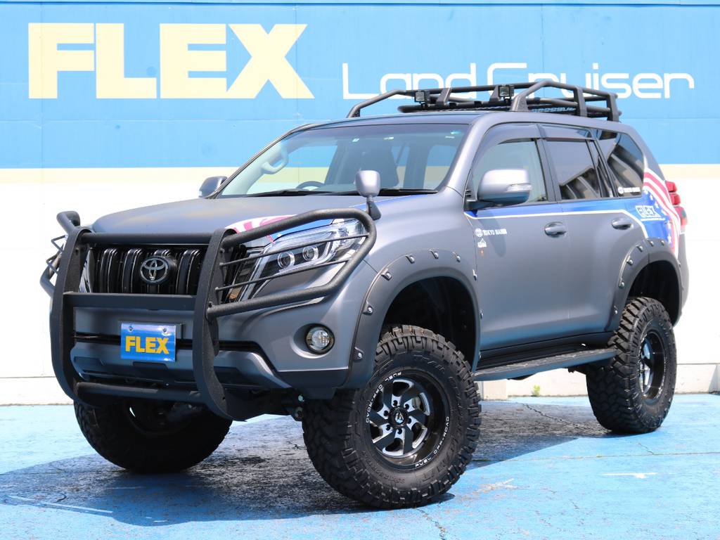150プラド 2017y FLEXデモカー☆オールペイントマットグレー☆６インチリフトアップ☆ＦＵＥＬ１７インチＡＷ☆３５タイヤ☆グリルガード☆ルーフキャリア☆