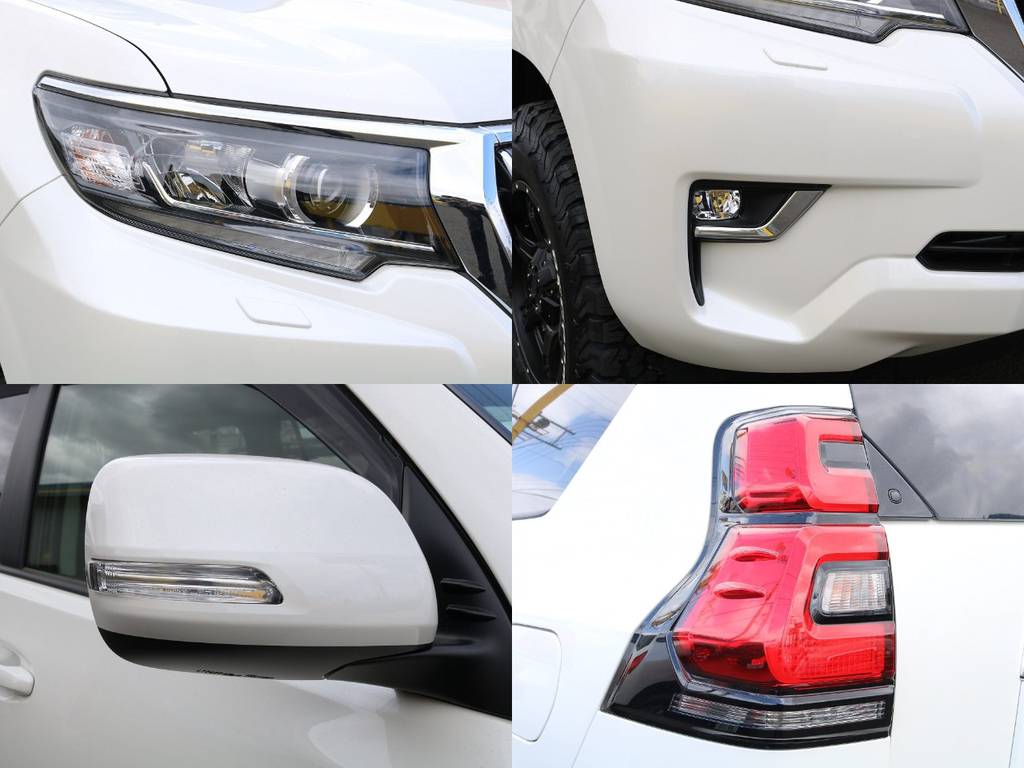 高輝度で点灯速度が速く、しかも消費電力の少ないＬＥＤをハイ・ロービーム＆フォグに採用。先行車・対向車への眩惑防止に配慮し、車両姿勢の変化に関わらず照射軸を一定に保つオートレベリング機能付です！