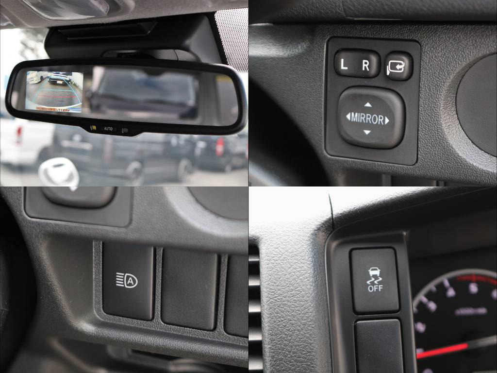 上段左メーカーオプション【バックモニター付き自動防眩ミラー上段右ＧＬパッケージ標準装備【電動格納式ドアミラースイッチ】下段左ＴＳＳ装備【オートマチックハイビーム】下段右【横滑り防止装置スイッチ】