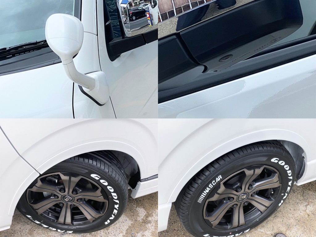 ボディー同色アンダーミラー変更済！！サイドカメラもついてますよ☆ＦＬＥＸオリジナル ＤｅｌｆｉｎｏＬｉｎｅオーバーフェンダー装着で２インチローダウンがさらにローダウンに見えますよ☆