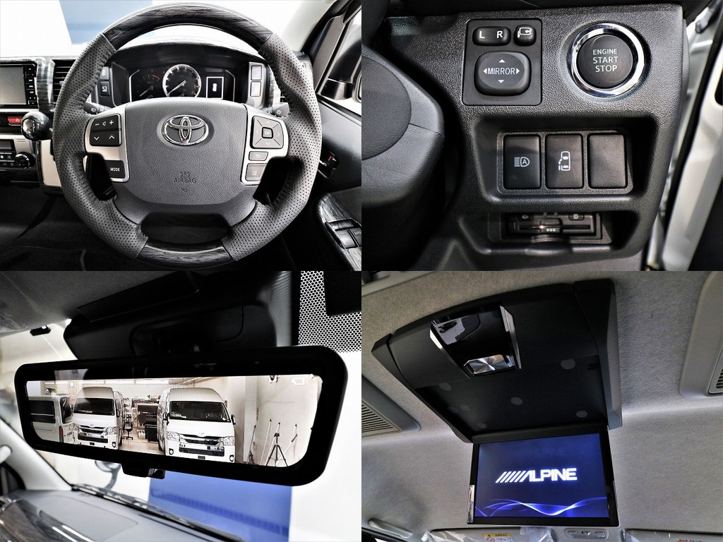 ステアリングオーディオスイッチ、プッシュスタート、デジタルインナーミラー、ALPINEフリップダウンモニター！充実した装備内容となっております！