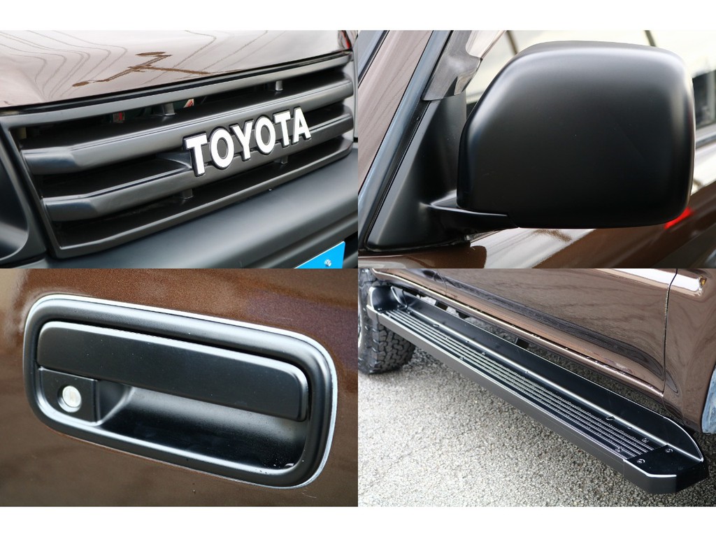ドアノブ＆ミラーやサイドステップをマットブラック塗装しボディーカラーに合う仕様に！人気のＴＯＹＯＴＡ横文字グリルも装着♪