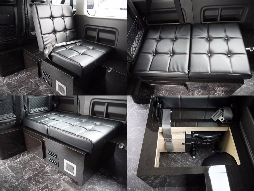 ３列目（運転席側）後向き座席家具：オシャレなボタン締め縫製でリクライニング機能を備えた後向きシート！家具内には収納スペースも備えております。