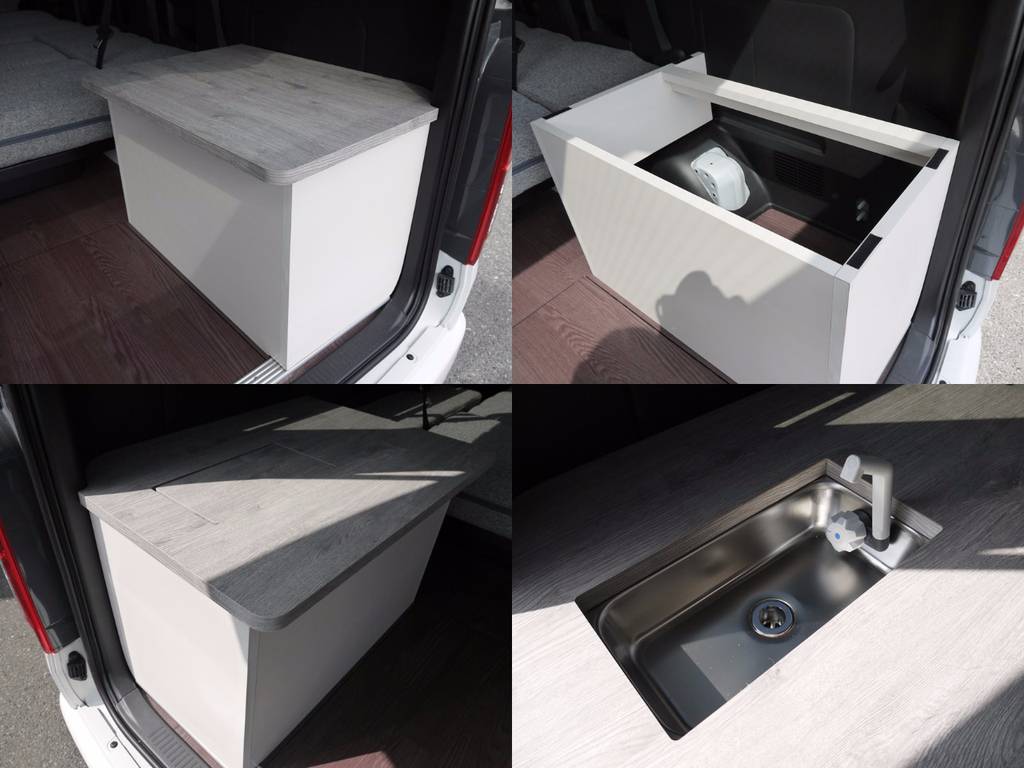 最後部右側家具にはシンク及び給排水タンクを完備。右側家具内は収納スペースとしてご利用いただけます。