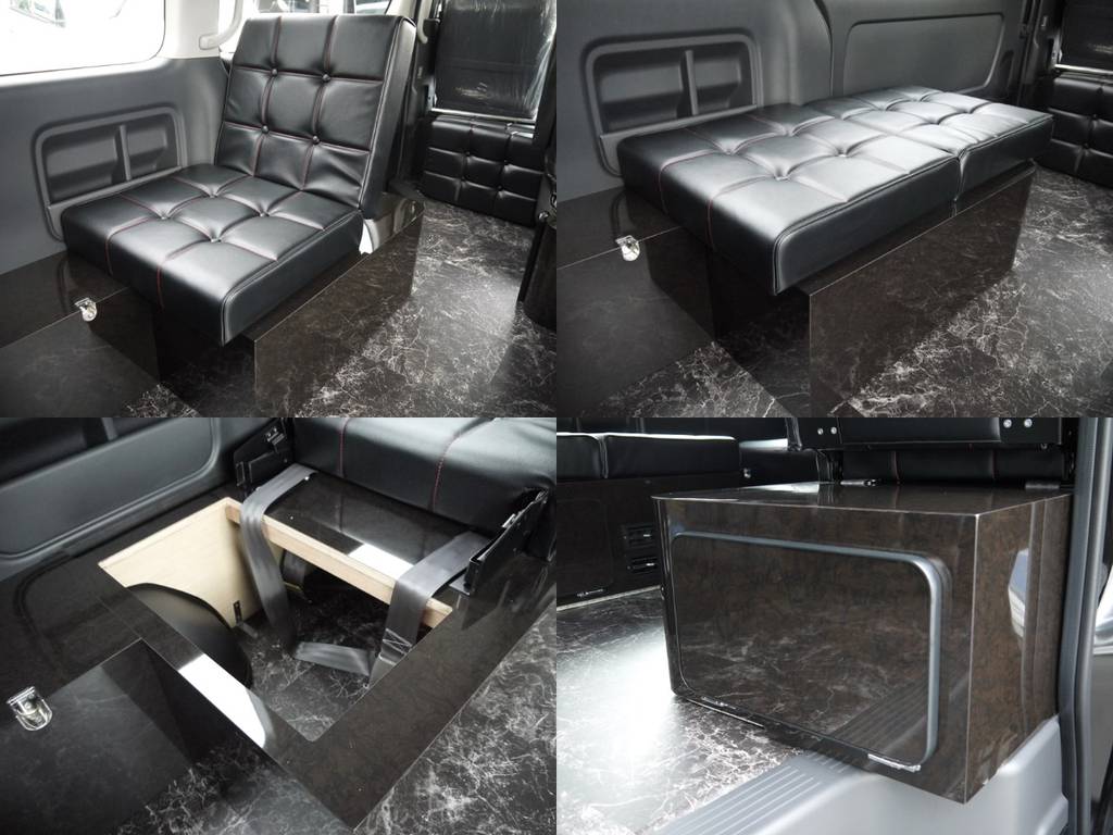 ３列目（運転席側）後向き座席家具：オシャレなボタン締め縫製でリクライニング機能を備えた後向きシート！家具内には収納スペースも備えております。