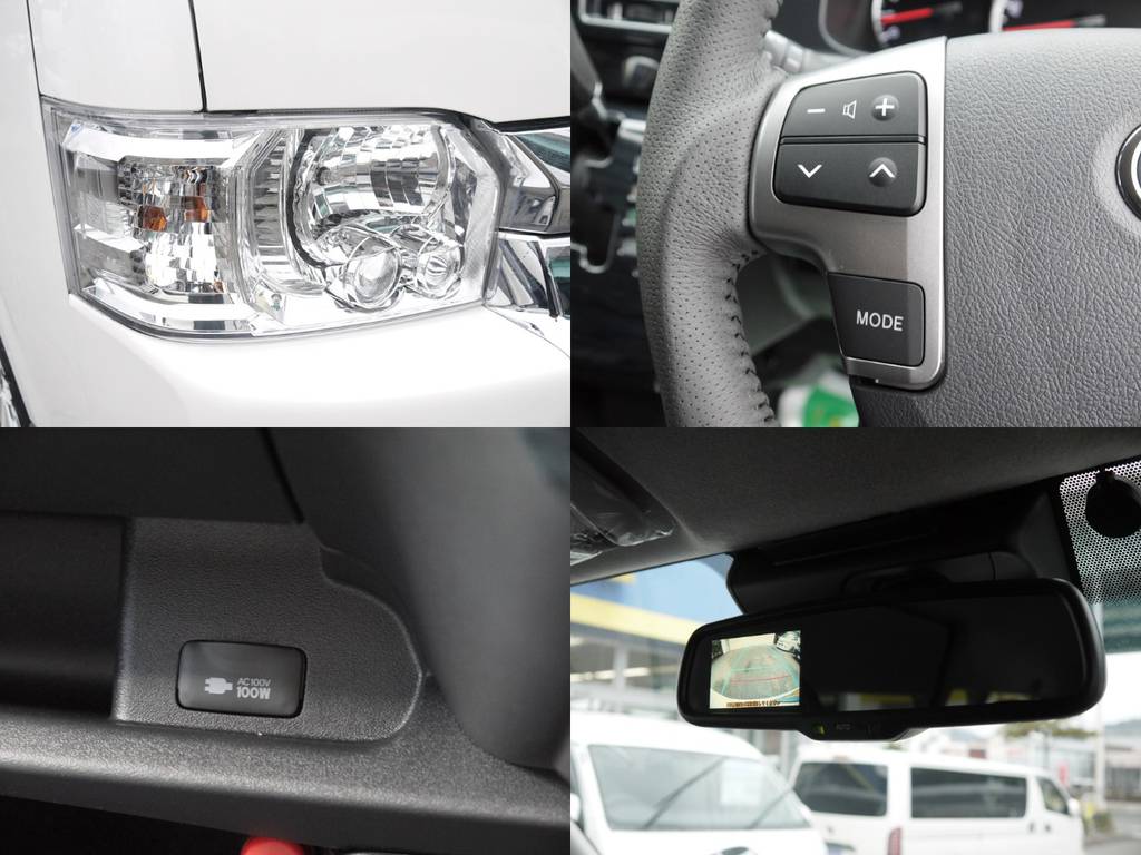 メーカーオプションのＬＥＤヘッドライト・ＡＣ１００Ｖ電源・バックカメラ内臓自動防眩ミラーも完備しております。