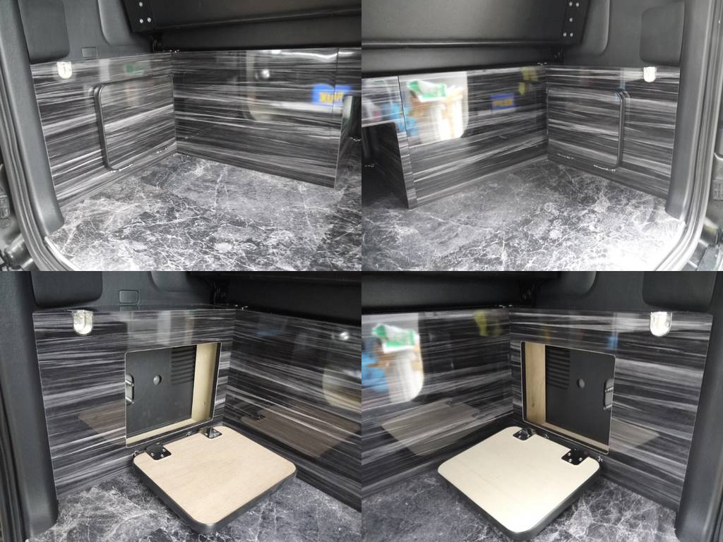 ラゲッジスペース左右家具には小物収納が出来る収納扉を完備しております。車内の随所に収納スペースを設けておりますので車内が散らからずスッキリとご利用いただけます。