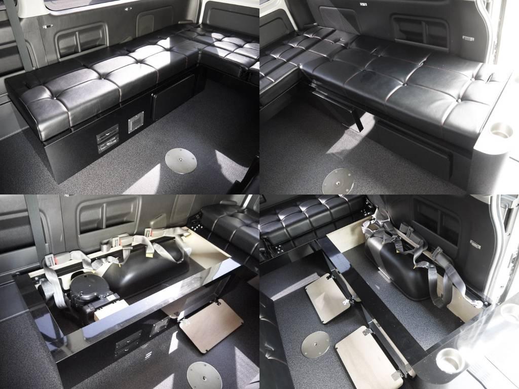 左右３名定横座り座席家具。家具内は大容量の収納スペースとしてご利用いただけますので車内もスッキリ！