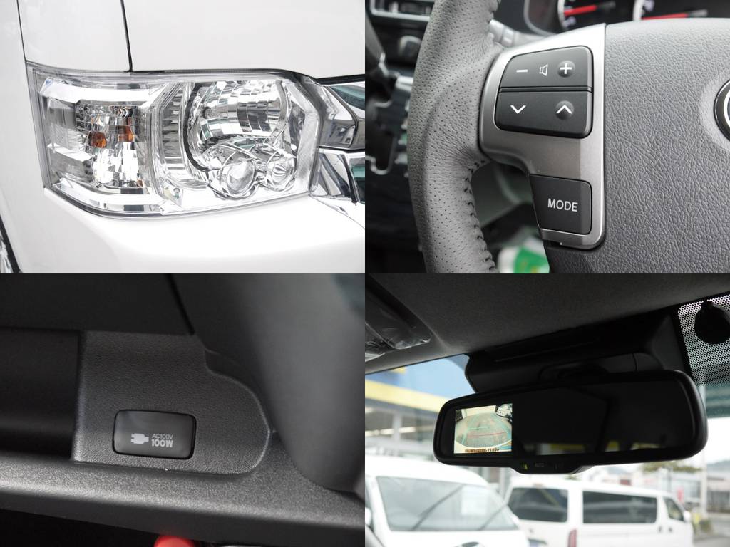 メーカーオプションのＬＥＤヘッドライト・ＡＣ１００Ｖ電源・バックカメラ内臓自動防眩ミラーも完備しております。