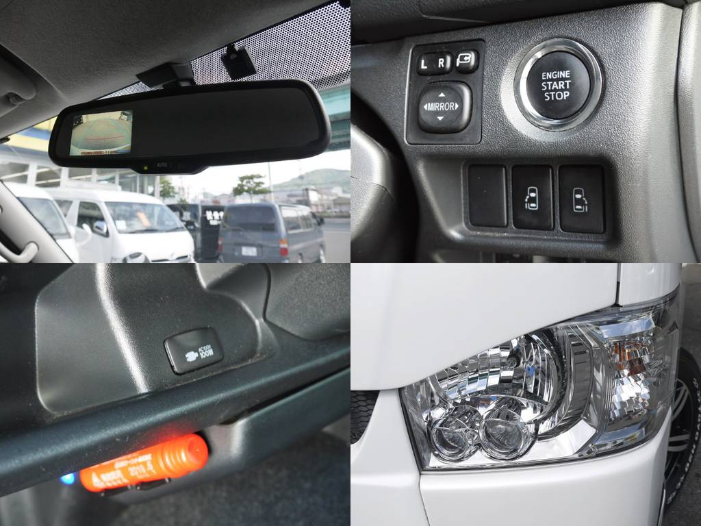 新車時メーカーオプションも多数完備！両側自動ドア・ＡＣ１００Ｖ・バックカメラ内臓自動防眩ミラー！ＬＥＤヘッドライト・プッシュスタート＆スマートエントリー・ステアリングスイッチは標準装備！