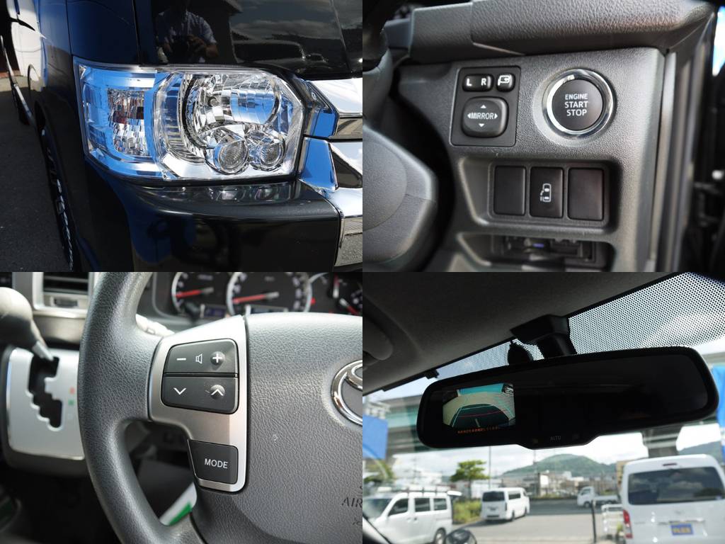 新車時メーカーオプションのＬＥＤヘッドライト・パワースライドドア・プッシュスタート＆スマートエントリー・ステアリングスイッチ・バックカメラ内臓自動防眩ミラーも完備！