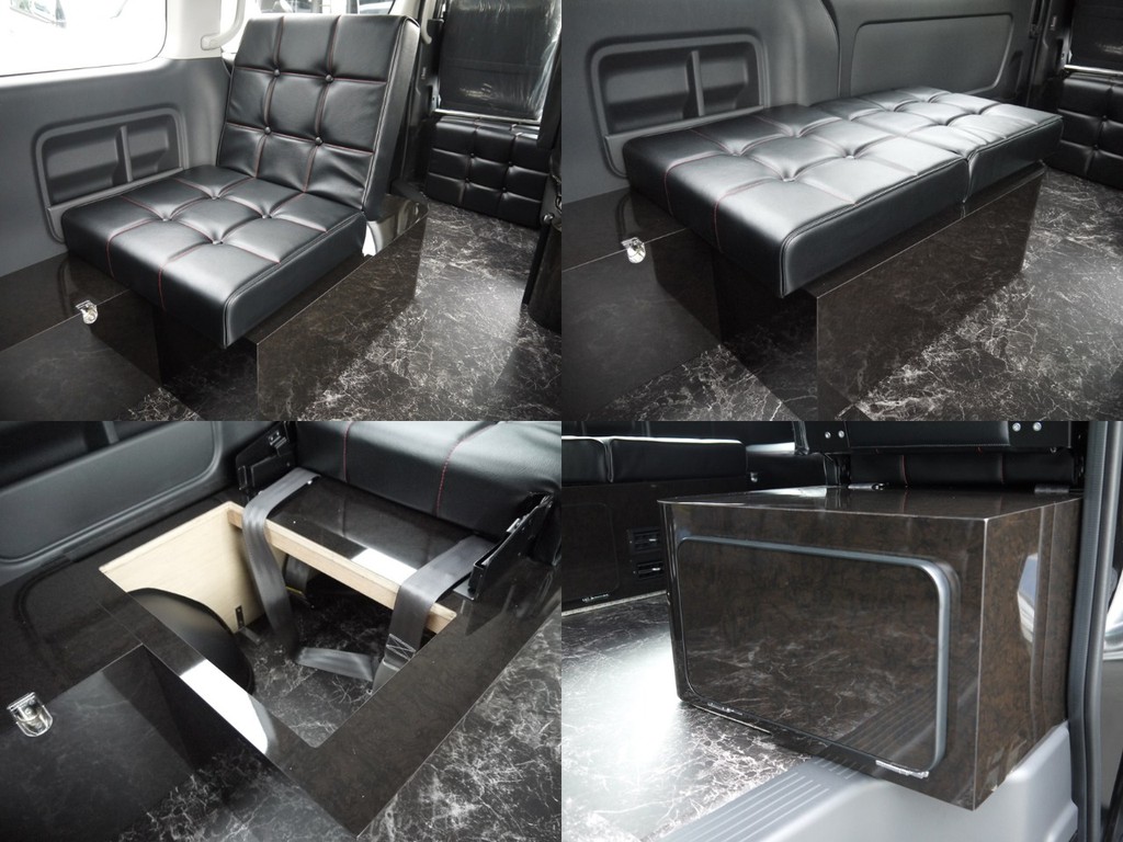 ３列目（運転席側）後向き座席家具：オシャレなボタン締め縫製でリクライニング機能を備えた後向きシート！家具内には収納スペースも備えております。