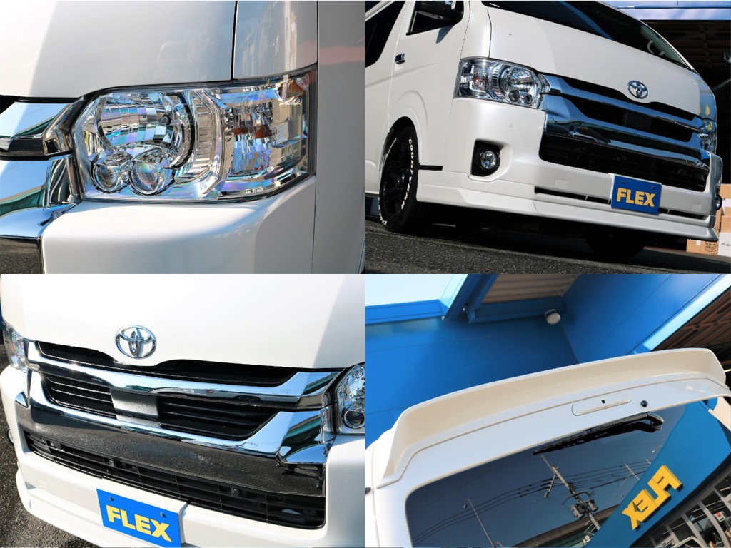 メーカーオプションのLEDヘッドライトやＦＬＥＸ オリジナルリップスポイラー デルフィーノラインフロントリップを装着済み！　フロント回りが引き締まって見える人気のエアロパーツです。
