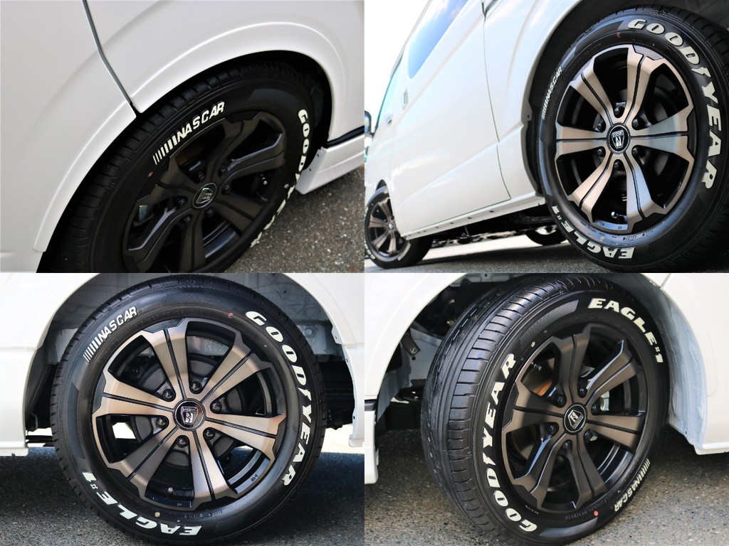 足回りには、FLEX Delfinoraineオーバーフェンダーをはじめ、バルベロ アーバングランデ１７inchAW・グッドイヤーナスカーホワイトレタータイヤをインストール☆