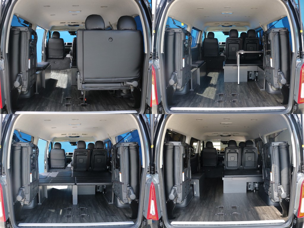 4列目を跳ね上げれば荷室スペースも確保できます♪ベッドキット下や取り外してスペースの拡大などお好みのレイアウトでご利用ください！