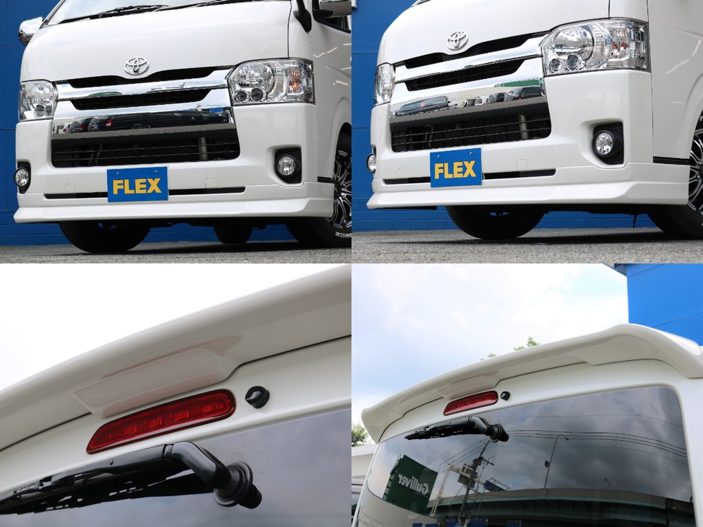 ＦＬＥＸ オリジナルリップスポイラー デルフィーノラインフロントリップを装着済み！　フロント回りが引き締まって見える人気のエアロパーツです。リアウイングも装着されておりリアビューも迫力があります！