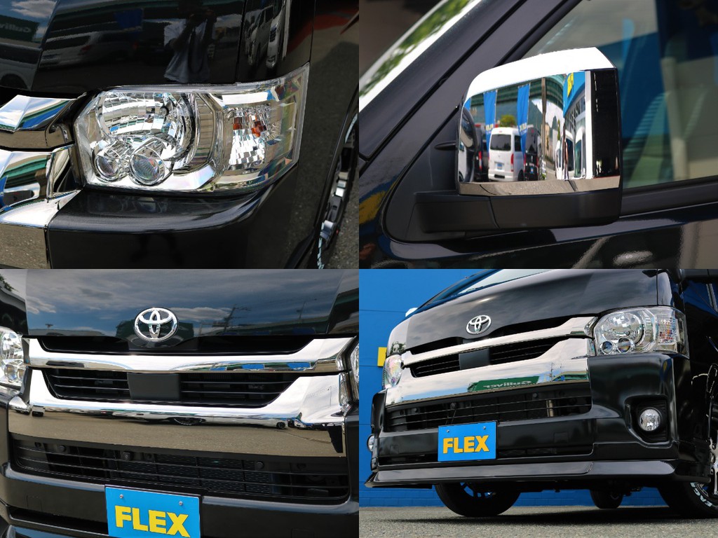 フロントにはＦＬＥＸデルフィーノラインフロントリップを装着！　フェイス回りが引き締まって見えます。メーカーオプションのLEDヘッドライトを完備！　夜道を明るく照らしてくれます。