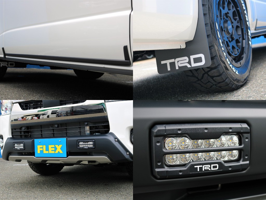 フロント部分にはTRDバンパーガードを装着☆足回りにはTRDマッドフラップ（ブラック）も装着されており、キャンプや車中泊等のアウトドアでのご利用に適した【オフロードPKG】に仕上がっております！