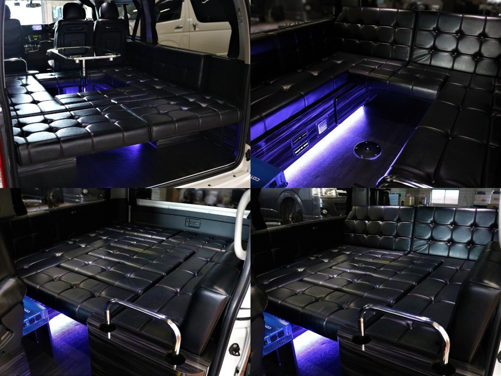 横座り座席家具（足元間接照明付き）後部シートの背もたれは倒してフルフラットな状態にも出来ます♪