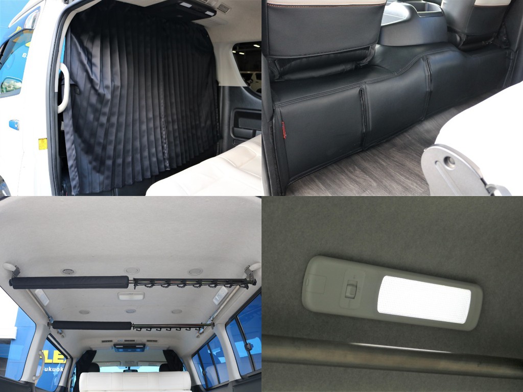 運転席と２列目の間には間仕切りカーテンも設置されています。UIビークル エンジンルームカバー・UIビークルロッドホルダー＆移動レールも搭載！釣りやアウトドアの際にも大活躍のカスタム豊富です☆