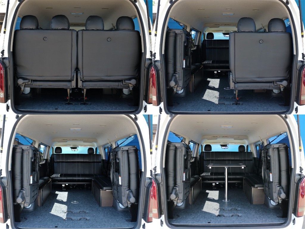 リヤハッチを開き、4列目シートを跳ね上げ収納することによって十分な荷室スペースを確保出来ます。用途に合わせたシート展開が可能です☆