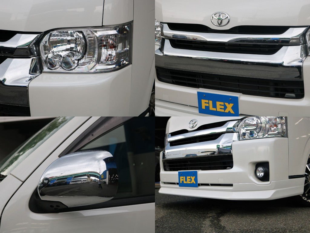 フロントにはＦＬＥＸデルフィーノラインフロントリップを装着！　フェイス回りが引き締まって見えます。メーカーオプションのLEDヘッドライトを完備！　夜道を明るく照らしてくれます。
