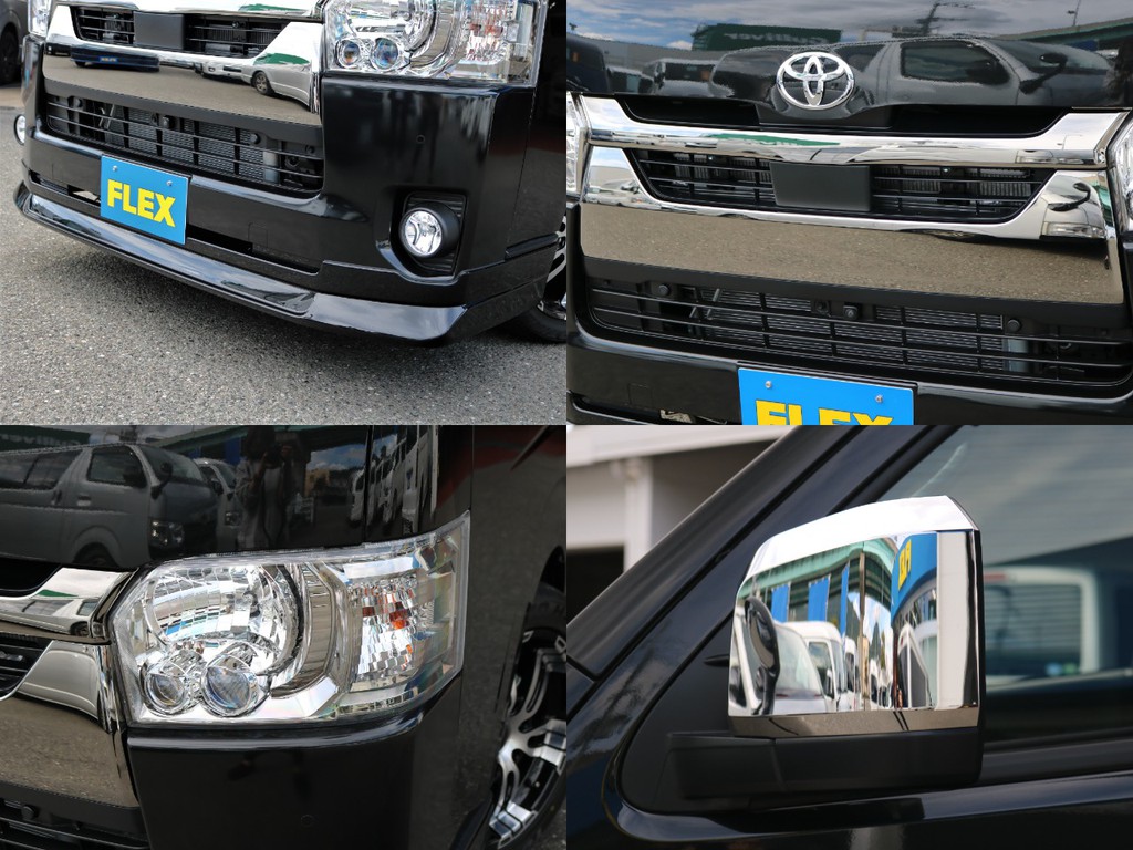 フロントにはＦＬＥＸデルフィーノラインフロントリップを装着！　フェイス回りが引き締まって見えます。メーカーオプションのLEDヘッドライトを完備！　夜道を明るく照らしてくれます。