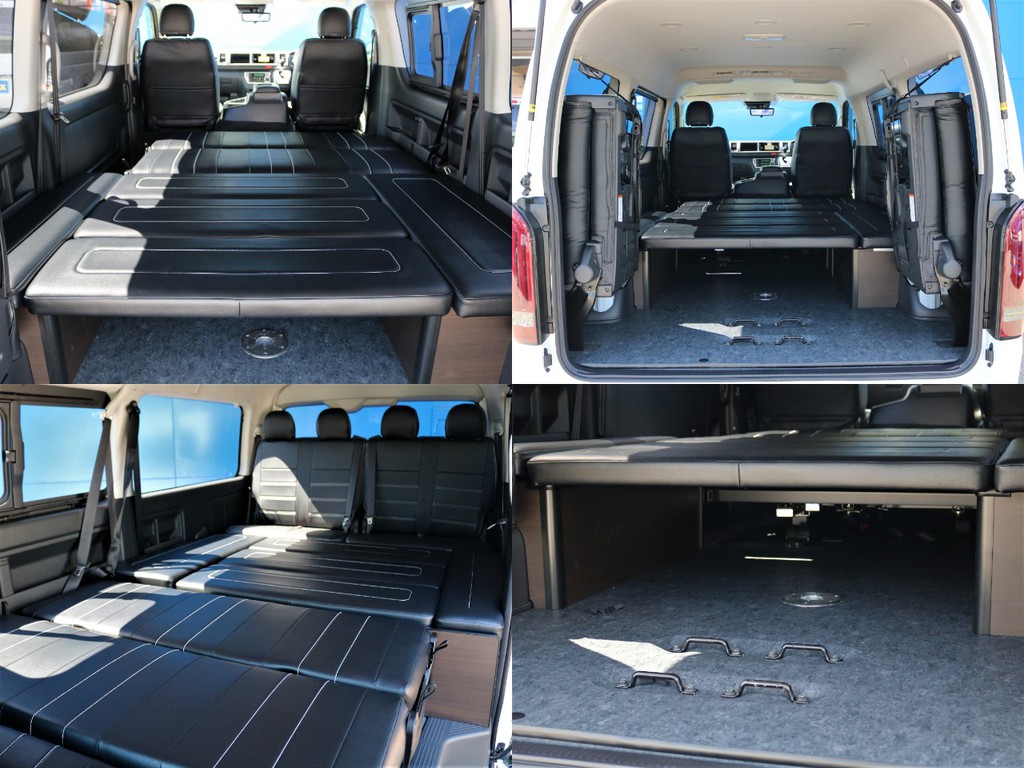 アレンジASをフルフラットにした状態です。ハイエースの広々とした空間で快適な車中泊を楽しみましょう！