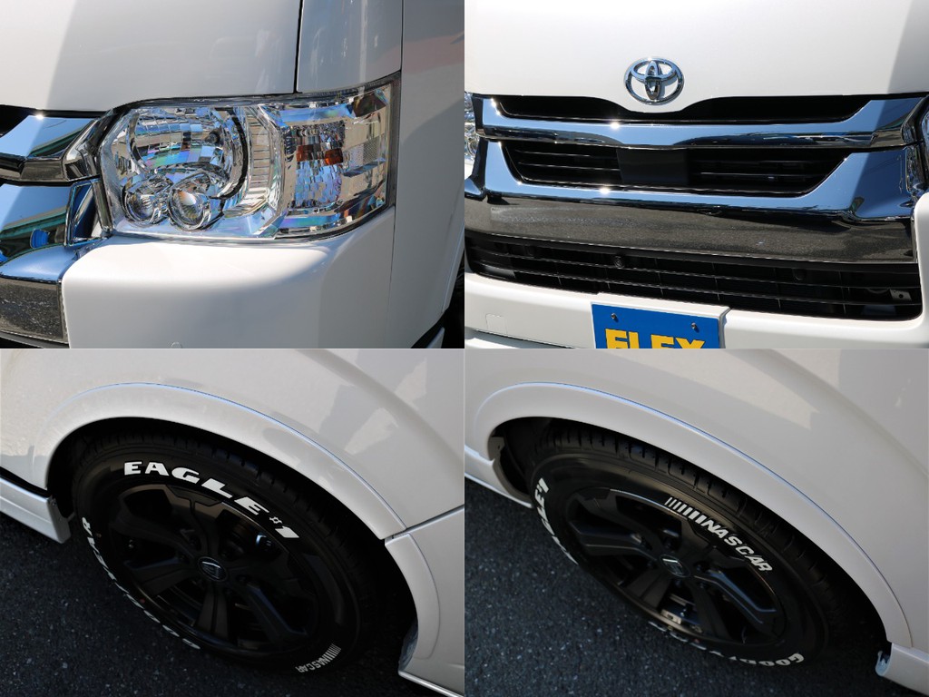 フロント部分が引き締まって見える、ＦＬＥＸ製フロントスポイラーやオーバーフェンダーも装着☆足回りには、ＦＬＥＸ ＤＥＬＦ０３ １７インチＡＷ＆グッドイヤーナスカーホワイトレタータイヤをインストール☆