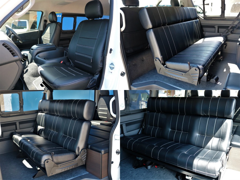 アレンジASの特徴とも言える2列目バタフライベンチシートです。快適で豪華な前向き乗車は勿論、後ろ向き乗車や、車中泊フルフラットモードへの組み換えも可能です。