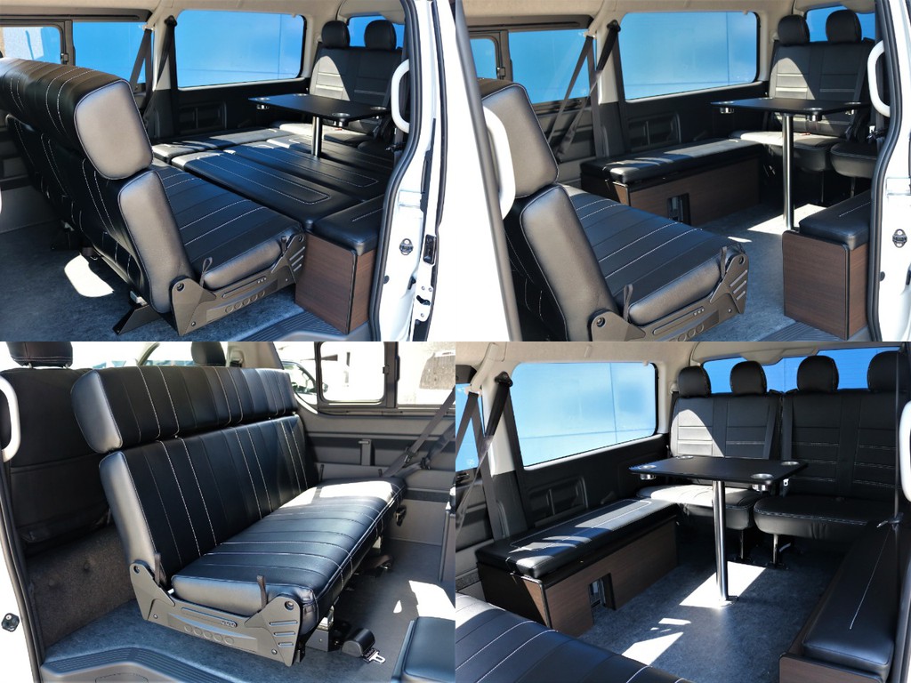 テーブルを設置し、後ろ向き2列目シートと4列目シートで対面着席することが可能です☆用途に合わせたシート展開が出来るのも魅力の一台♪