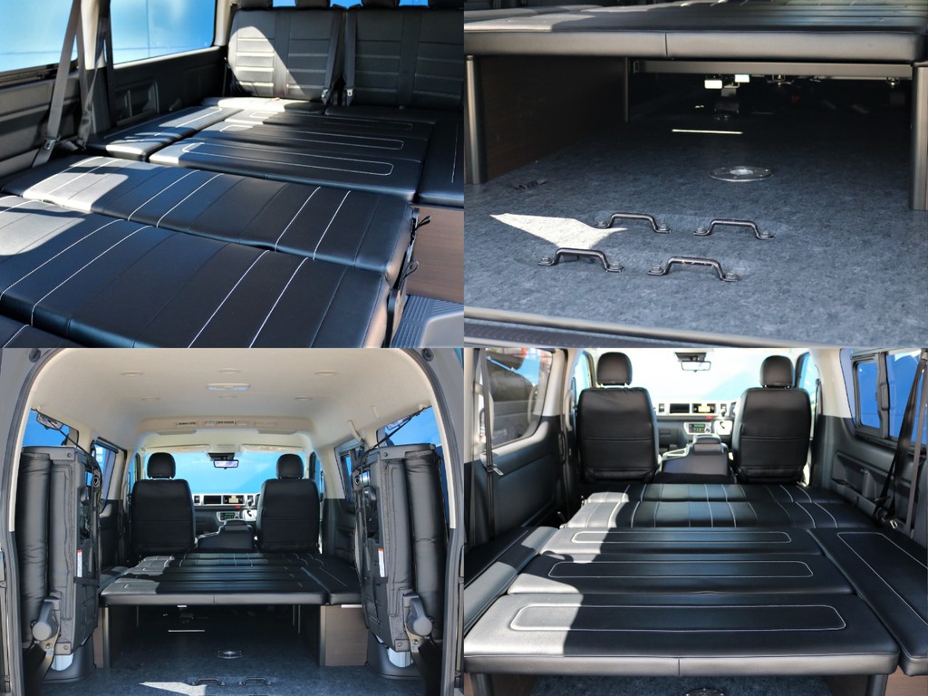 アレンジASをフルフラットにした状態です。ハイエースの広々とした空間で快適な車中泊を楽しみましょう！