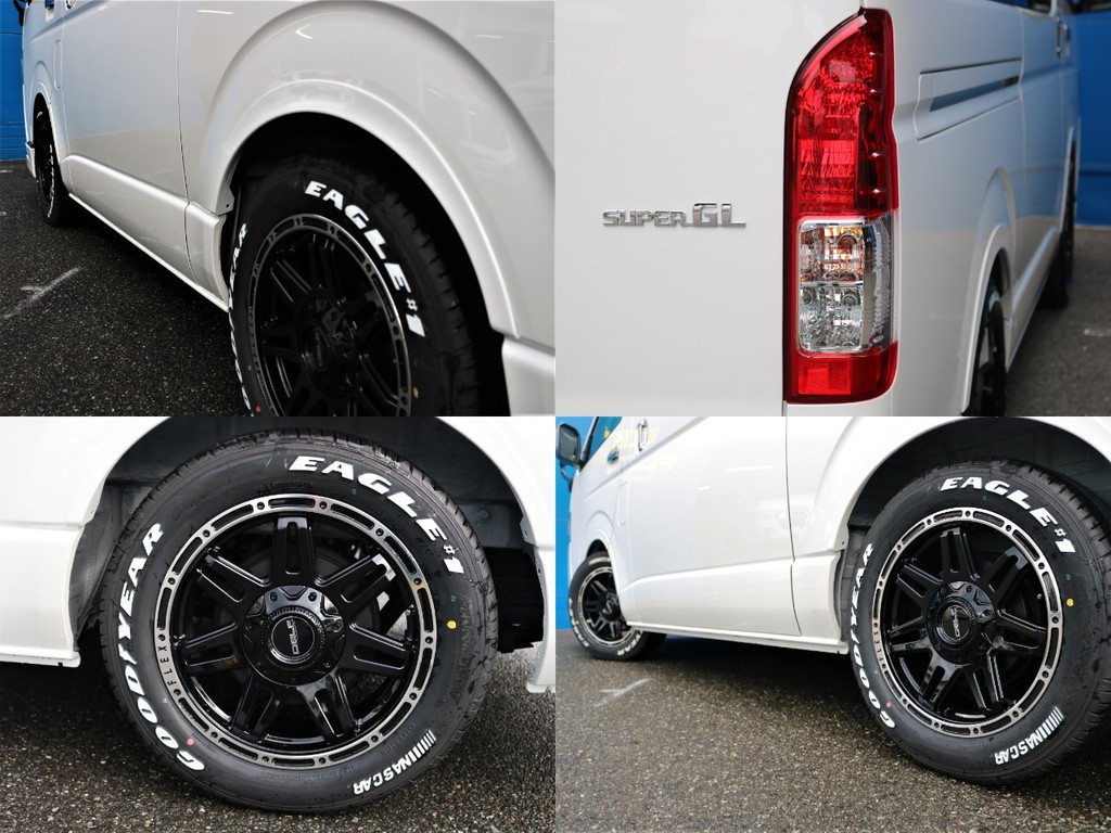 足回りにはＦＬＥＸ　DELF０４　１７inchAW＆グッドイヤーナスカーホワイトレタータイヤをインストール☆合わせてＦＬＥＸオリジナルのデルフィーノラインオーバーフェンダーも装着されております！