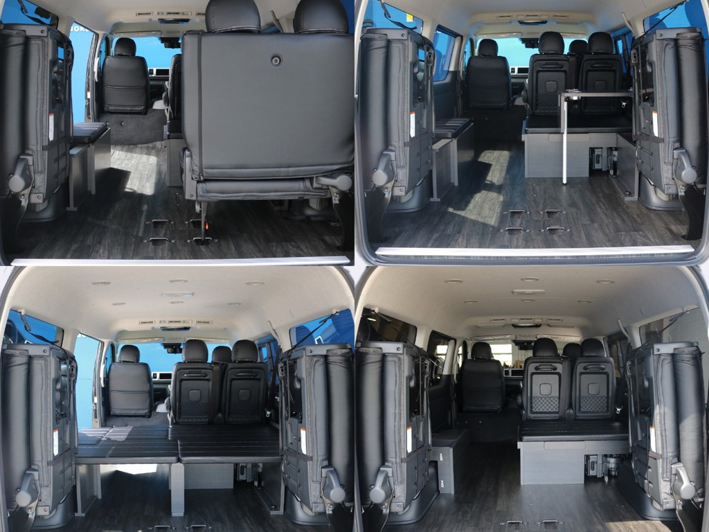 4列目を跳ね上げれば荷室スペースも確保できます♪ベッドキット下や取り外してスペースの拡大などお好みのレイアウトでご利用ください！