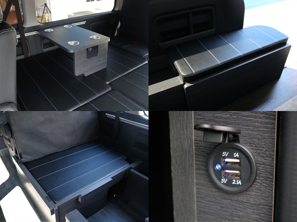 ３列目マットシートにはベッドマット＆テーブルの収納も可能！！普段使いにも便利な一台！サイドボックスにはUSB端子が設置されています。モバイル端末の充電などにご活用頂けます。