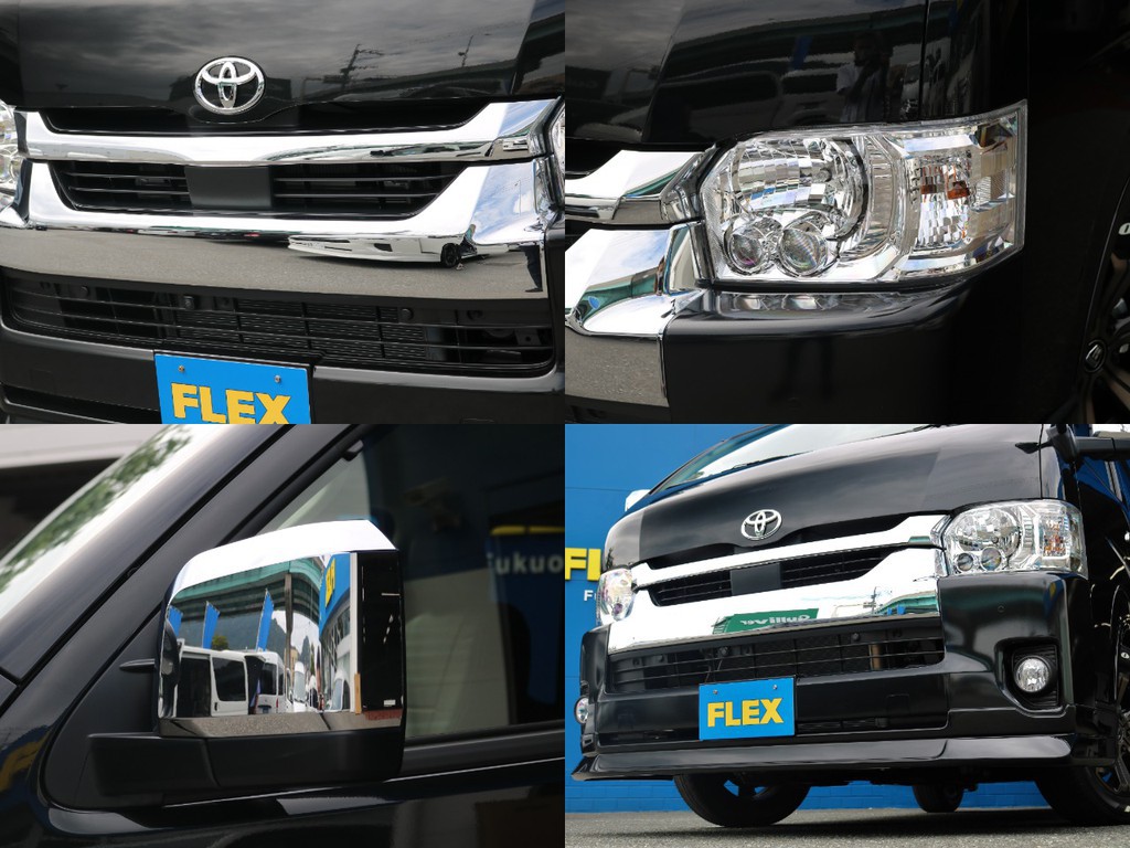 フロントにはＦＬＥＸデルフィーノラインフロントリップを装着！　フェイス回りが引き締まって見えます。メーカーオプションのLEDヘッドライトを完備！　夜道を明るく照らしてくれます。