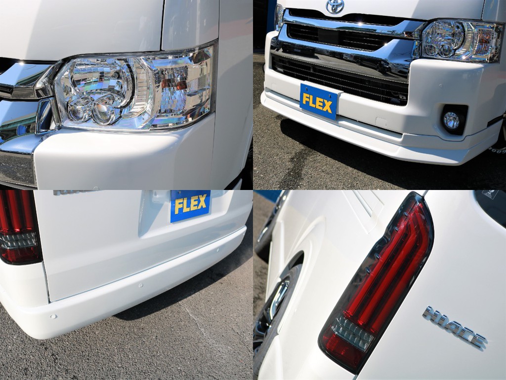 フロント部分が引き締まって見える、ＦＬＥＸ製フロントスポイラーを装着☆メーカーオプションのインテリジェントクリアランスソナーや夜道を明るく照らしてくれる、LEDヘッドライトも装着済み☆