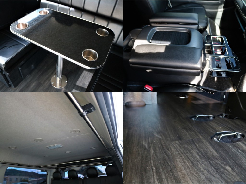 着脱式テーブルも装備されているので、車内での飲食も可能です♪フローリング施工はアウトドア汚れや、食べこぼしなどお掃除やお手入れも楽々♪