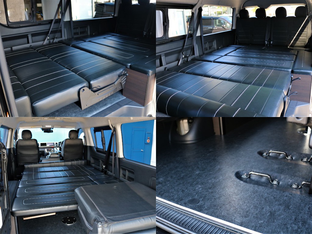 アレンジASをフルフラットにした状態です。ハイエースの広々とした空間で快適な車中泊を楽しみましょう！