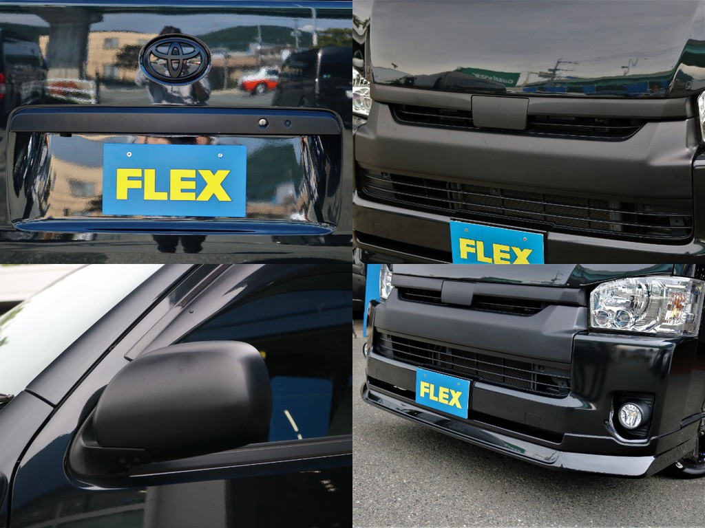 フロントグリルマッドブラック塗装・ドアミラーカバーマッドブラック塗装☆フロントにはＦＬＥＸデルフィーノラインフロントリップを装着！　フェイス回りが引き締まって見えます。