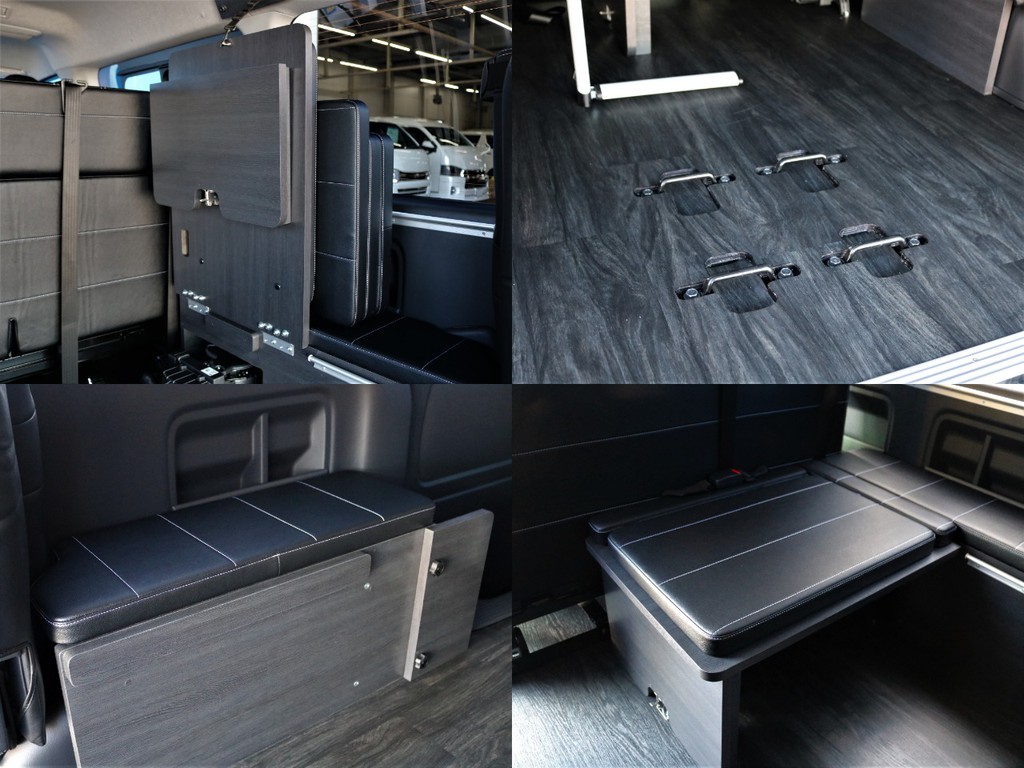 跳ね上げた3列目シートにVer.2用のパネルを収納することが可能です！床張り施工済み！　メタルウッド調のフローリングが車内に高級感を与えてくれます。