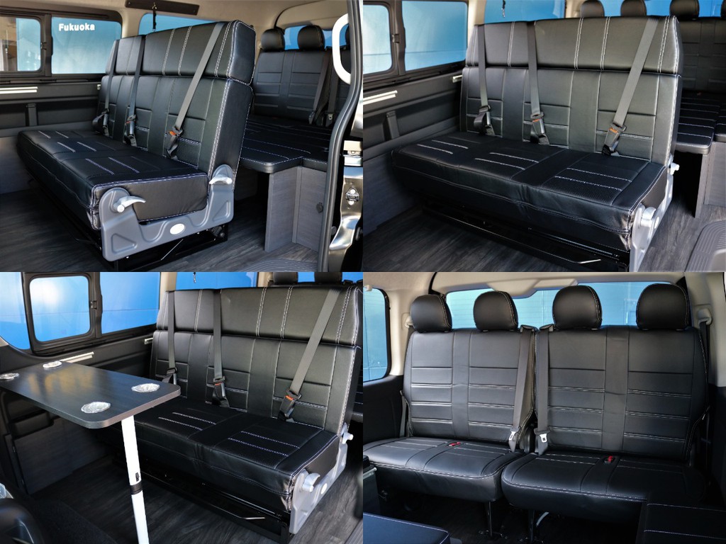 ２列目は快適な３人掛けベンチシートになっています。シートの前にテーブルを設置したり、後ろ向きに切り替えることも可能なので、これによって４列目シートと対面が出来ます！