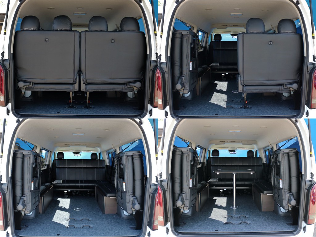 リヤハッチを開き、4列目シートを跳ね上げ収納することによって十分な荷室スペースを確保出来ます。用途に合わせたシート展開が可能です！