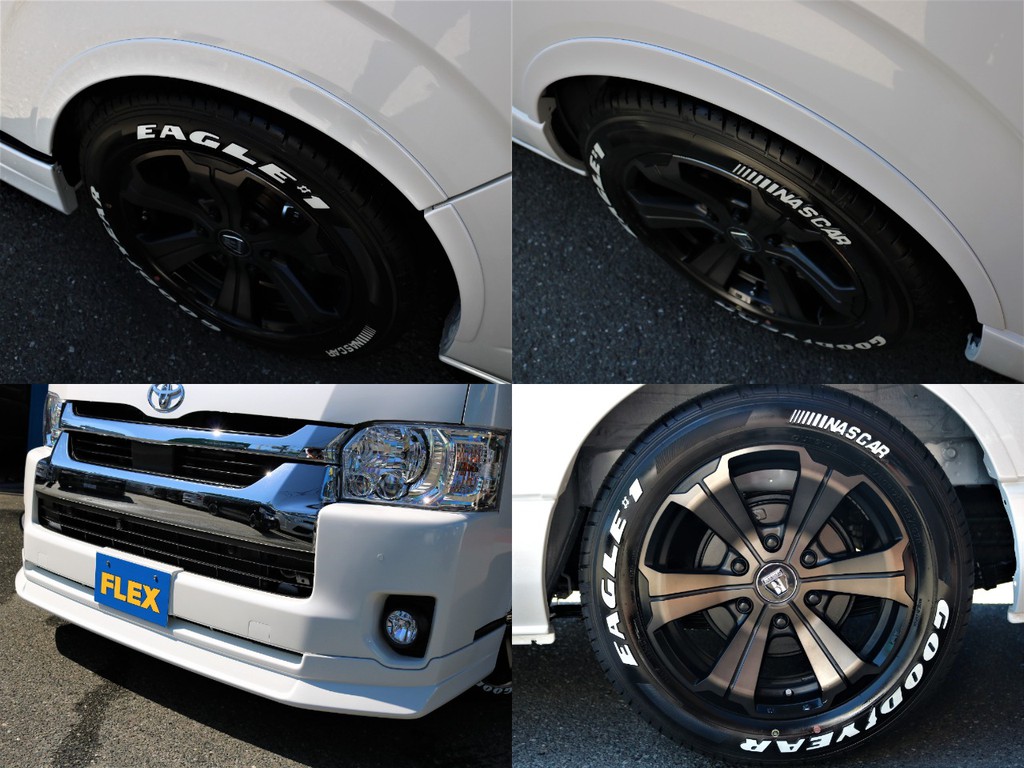 足回りにはフロントスポイラーやオーバーフェンダーを装着！合わせてＦＬＥＸ バルベロアーバングランデ17インチＡＷ・グッドイヤーナスカーホワイトレタータイヤもインストール！