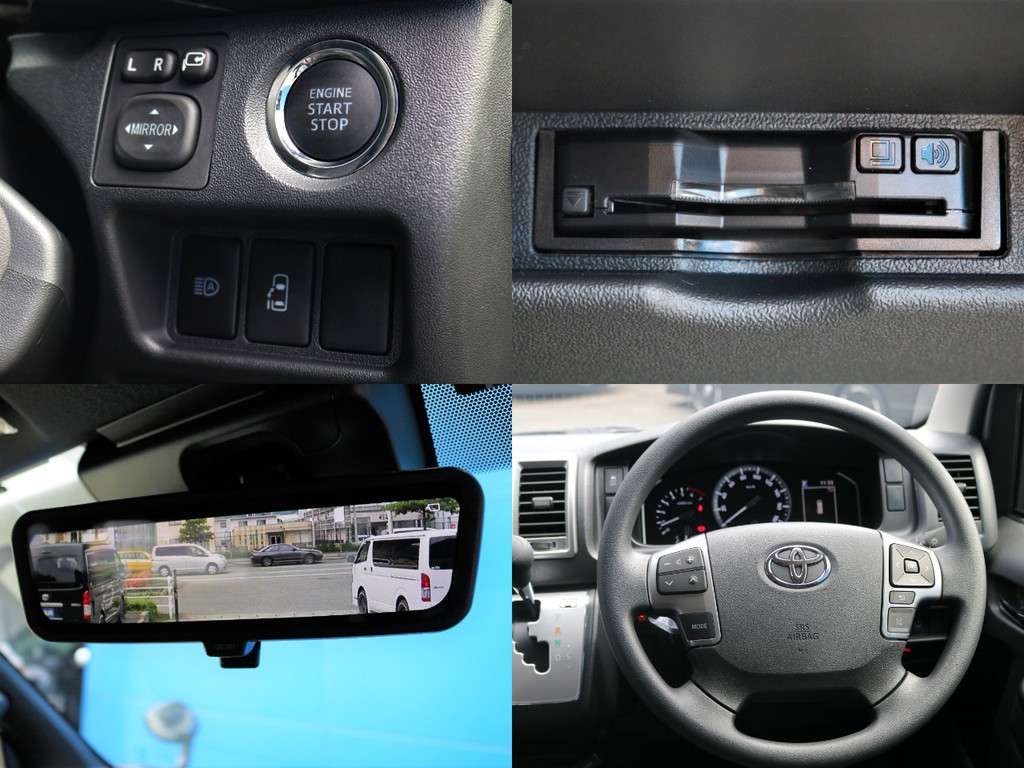 運転席操作部には沢山の装備があります！　プッシュスタート、ステアリングリモコン、ETC、そしてワンタッチで通常のミラーへの切り替えも可能なデジタルインナーミラー等が設置されています！