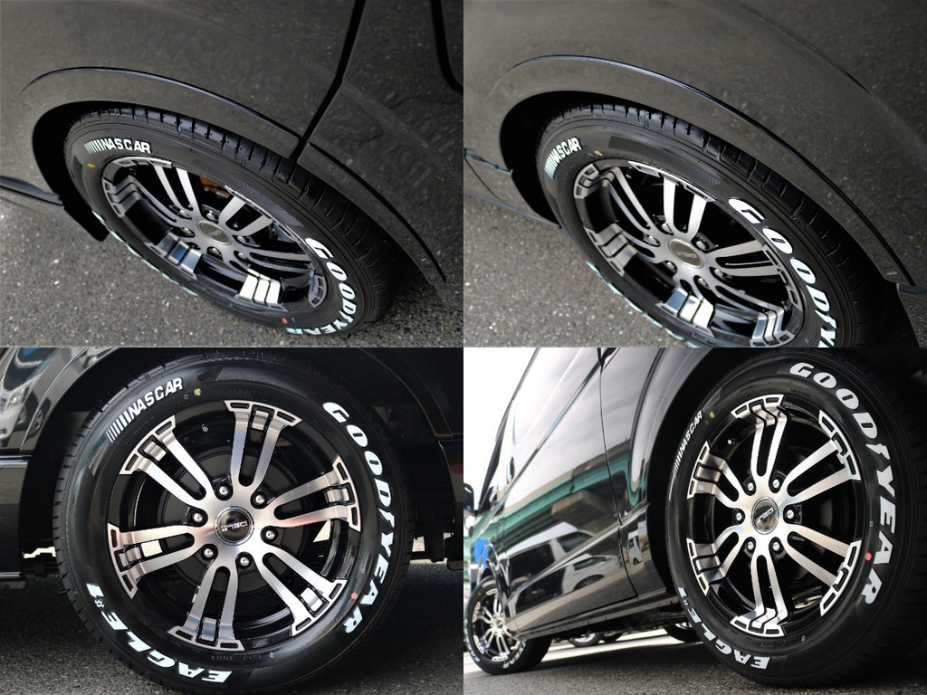 足回りにはFLEX　DELF02　17inchAW＆グッドイヤーナスカーホワイトレタータイヤをインストール☆合わせてFLEXオリジナルのデルフィーノラインオーバーフェンダーも装着されております！