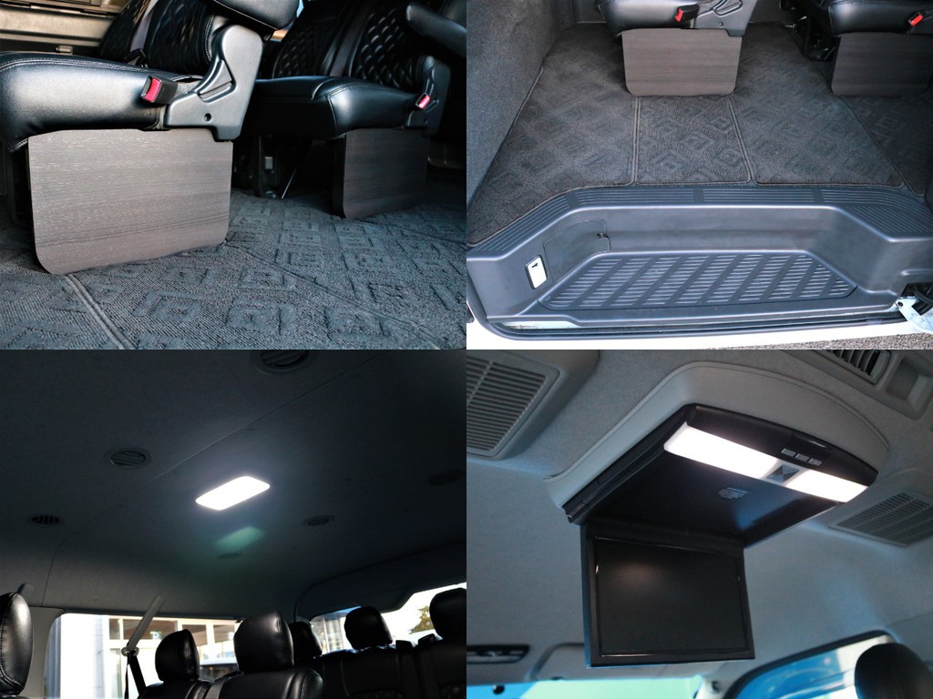 FLEXフットパネル・LEDルームランプ・後席モニターも完備しているので、ゲストも退屈することなく車内で映像をお楽しみいただけます♪