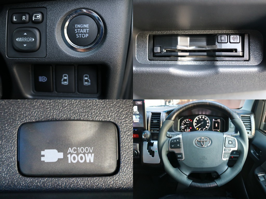 運転席操作部には各種装備が充実！　プッシュスタートやETCやAC100V電源やステアリングリモコンなどが設置されています。