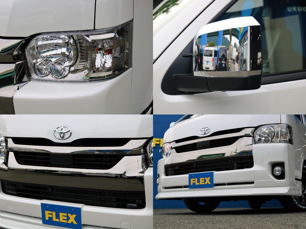 フロントにはＦＬＥＸデルフィーノラインフロントリップを装着！　フェイス回りが引き締まって見えます。メーカーオプションのLEDヘッドライトを完備！　夜道を明るく照らしてくれます。