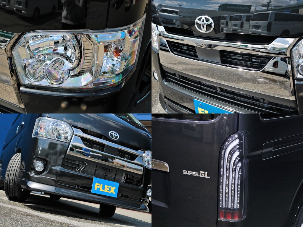 フロントにはＦＬＥＸデルフィーノラインフロントリップを装着！フェイス回りが引き締まって見えます。メーカーオプションのLEDヘッドライトを完備！　夜道を明るく照らしてくれます。